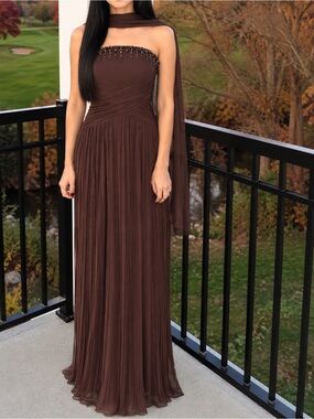 Women’s Brown Beaded Bustline Plisse Chiffon Dress Evening Gown + shawl Sz 6 alt